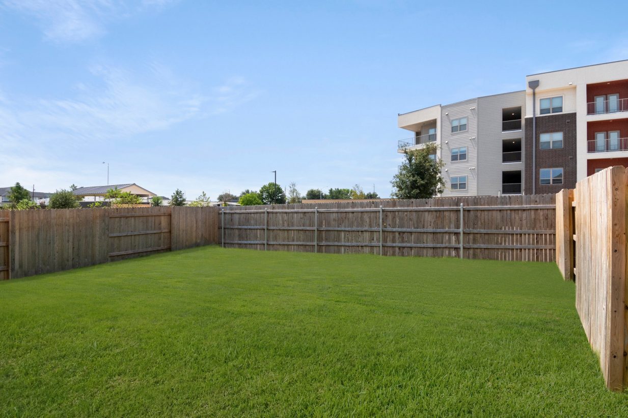 A fenced backyard with green grass.