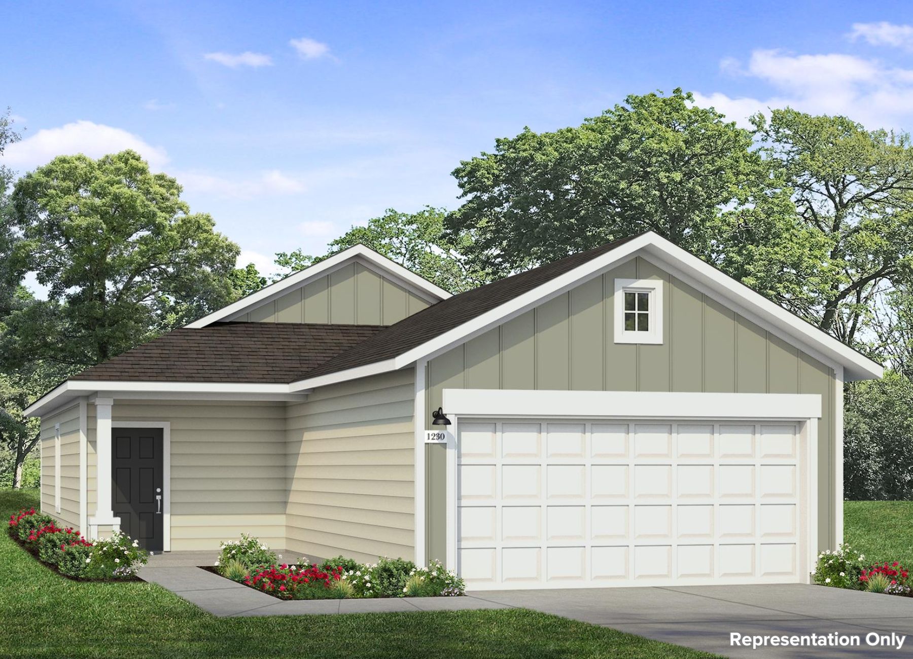 Rendering of one story home with two tone green siding, white trim and garage