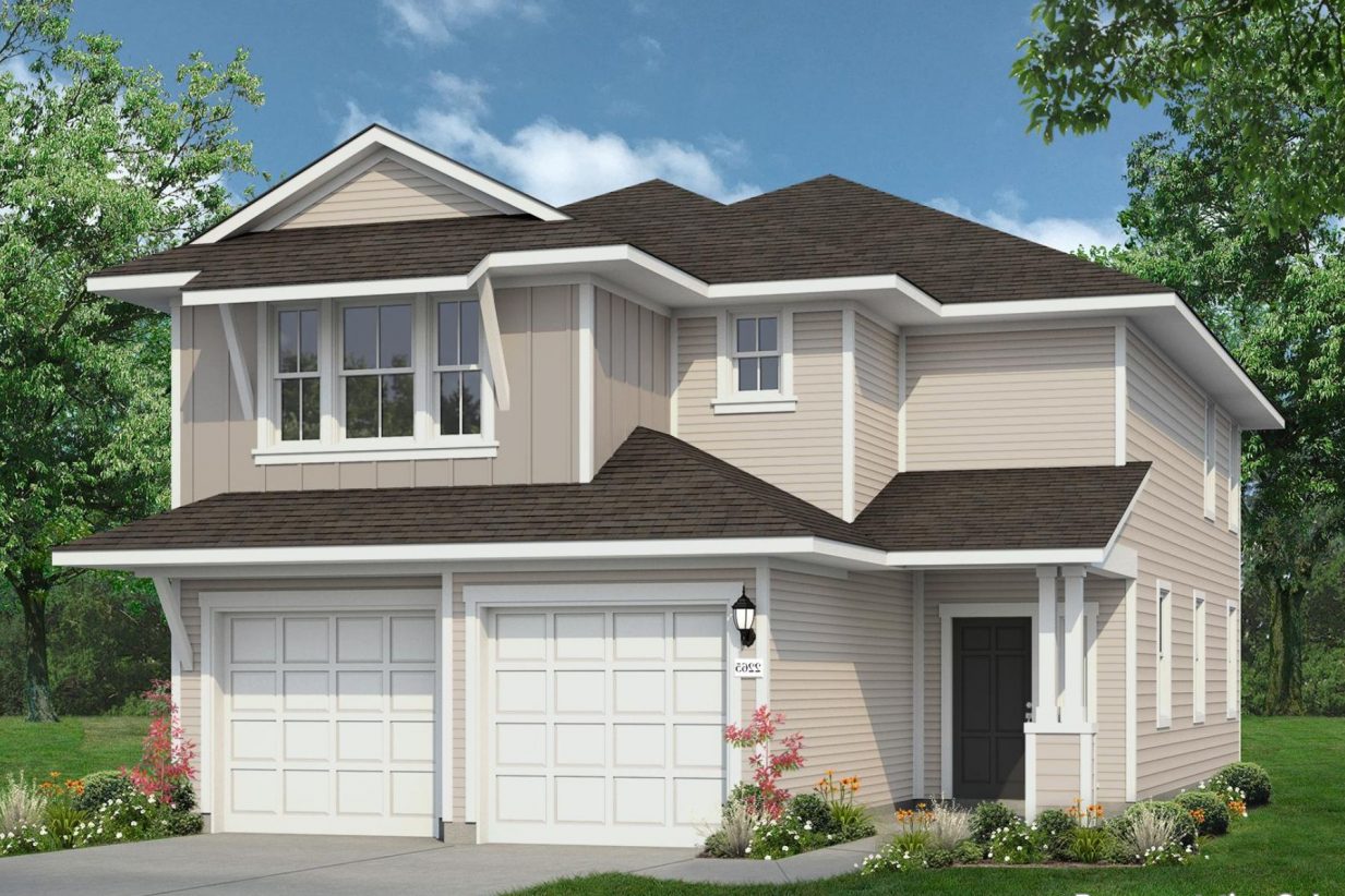 Rendering of two story home with tan siding and white trim and garage doors