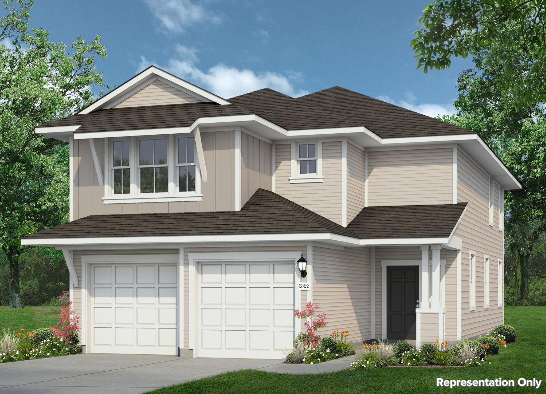 Rendering of two story home with tan siding and white trim and garage doors