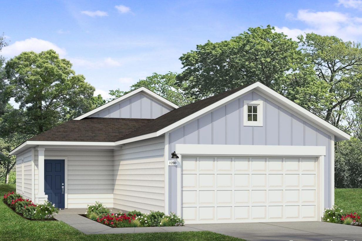 Rendering image of front exterior of home with blue paint and garage on the right