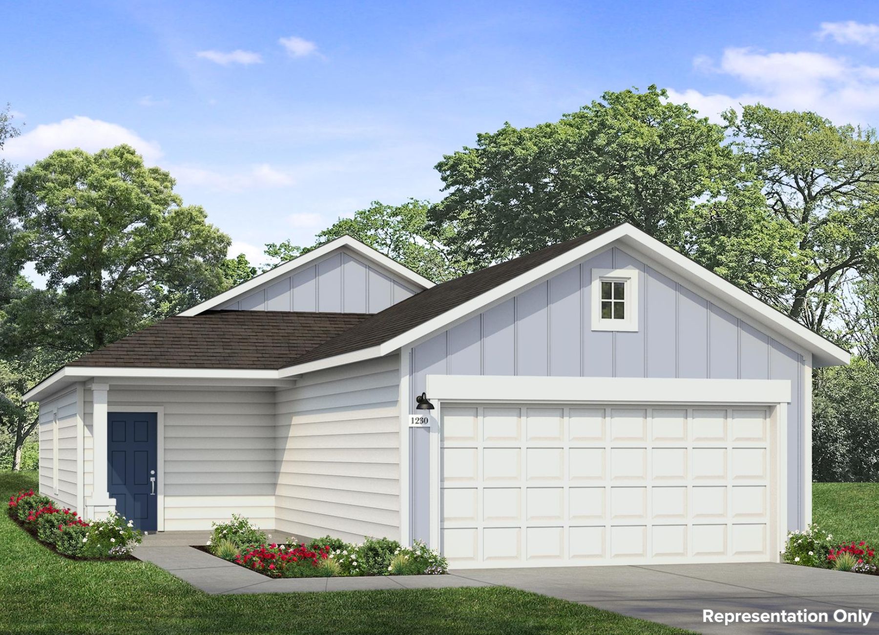 Rendering image of front exterior of home with blue paint and garage on the right
