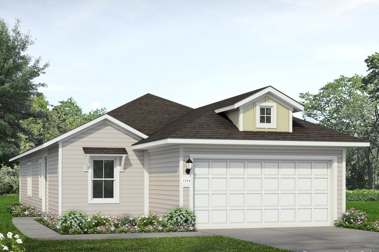 Rendering of one story home with tan siding, yellow accent, and white trim and garage