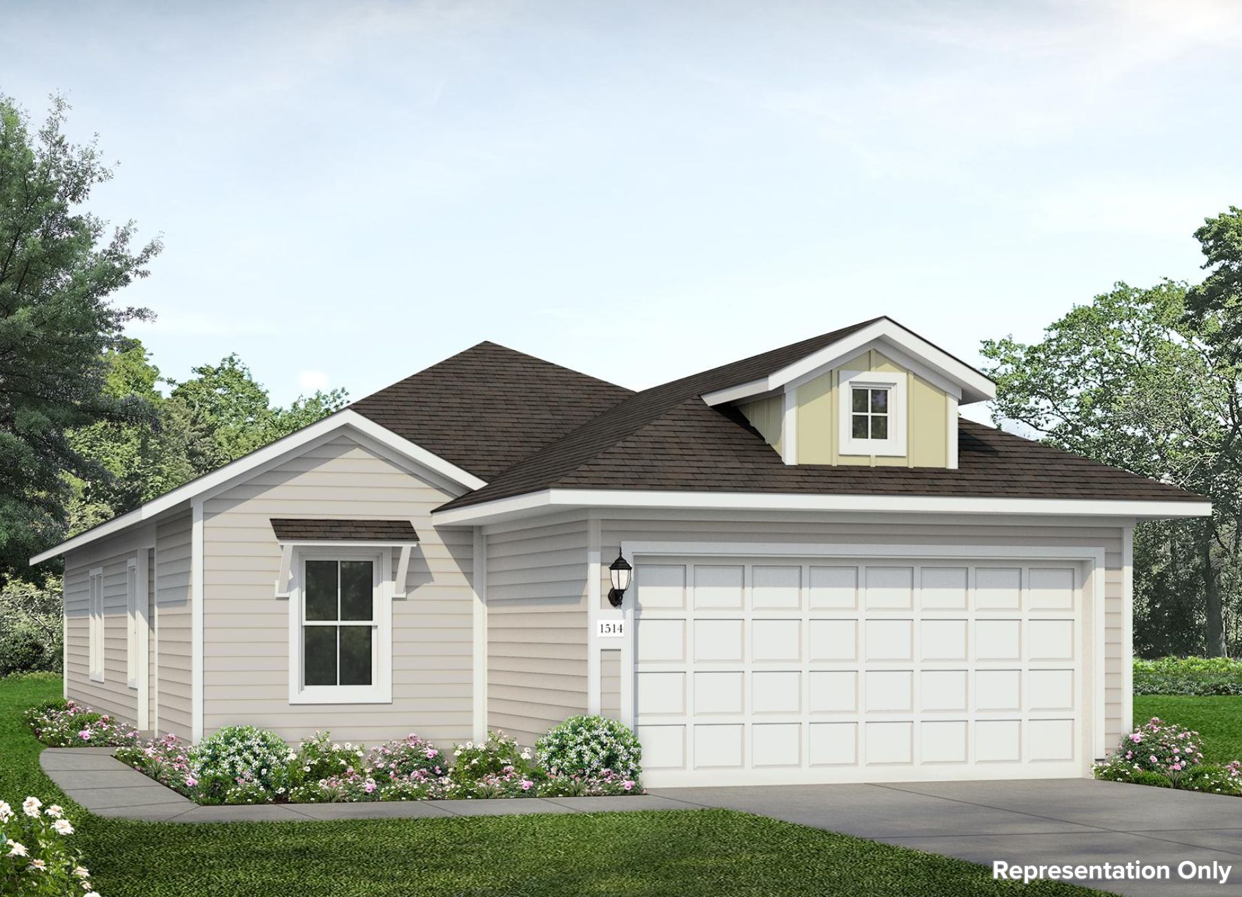Rendering of one story home with tan siding, yellow accent, and white trim and garage