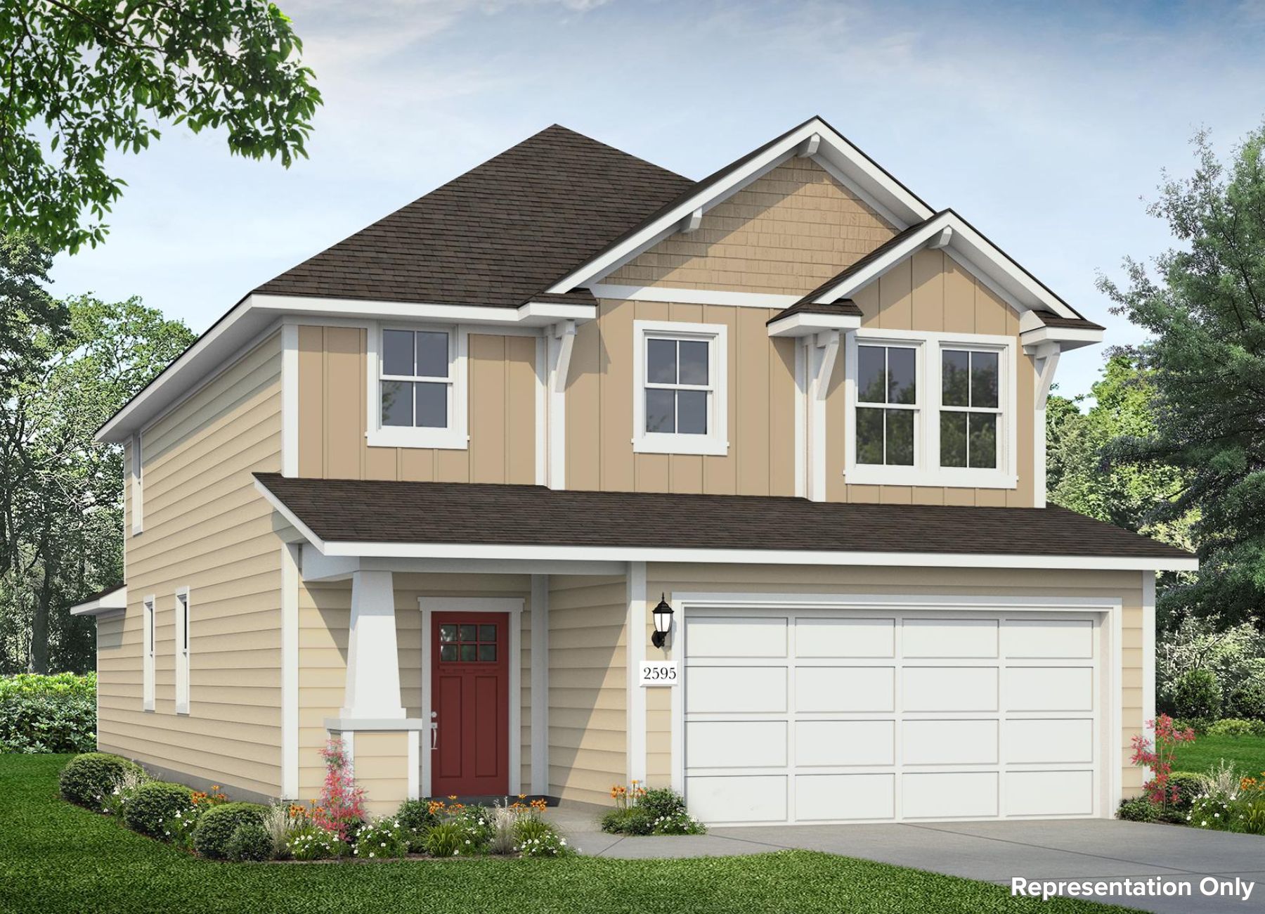 Rendering image of front exterior of two story home with a red door and beige exterior
