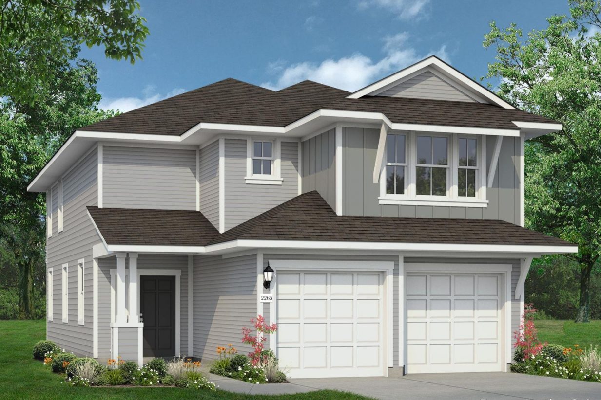 Rendering image of front exterior of two story home with grey paint and a two car garage on right side