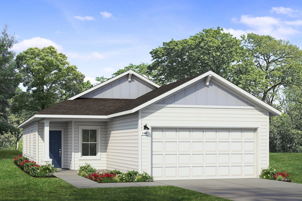 Front exterior of a blue single-story home with a blue front door and white garage door.