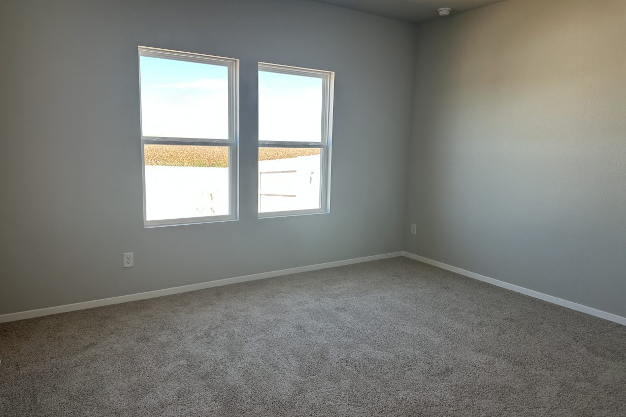 Image of bedroom with two windows and carpet